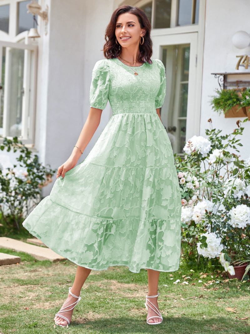 Vestido Midi Verão Feminino Cru Branco Com Gola Joia Praia Renda - Verde Claro