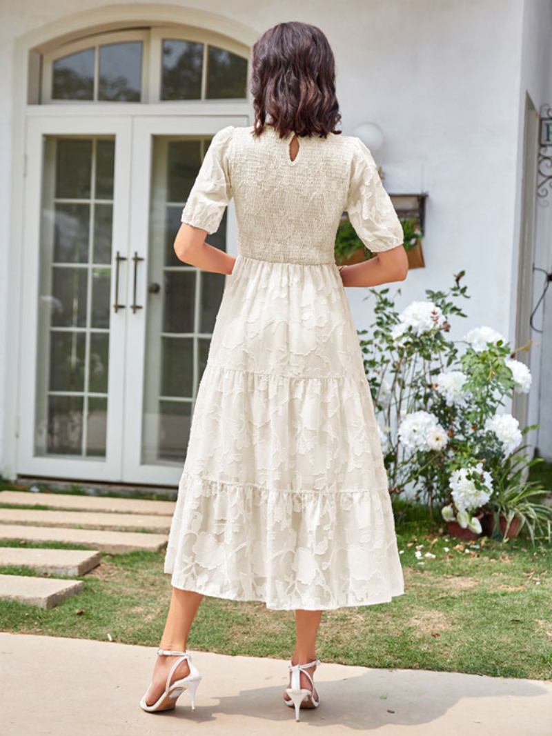 Vestido Midi Verão Feminino Cru Branco Com Gola Joia Praia Renda - Bege