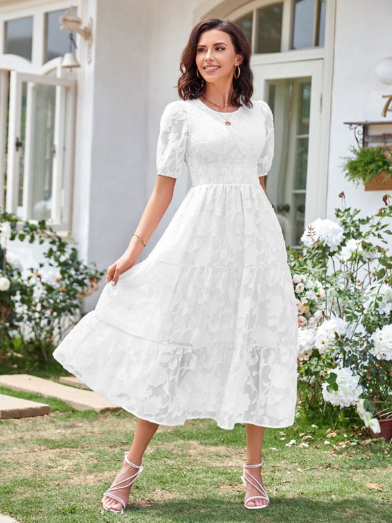 Vestido Midi Verão Feminino Cru Branco Com Gola Joia Praia Renda - Branco