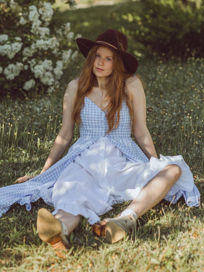 Vestido Retro Feminino Branco 1950s Audrey Hepburn Estilo Xadrez Falso Duas Peças Babados Sem Mangas Alças Pescoço Longo Balanço - Azul Céu Claro