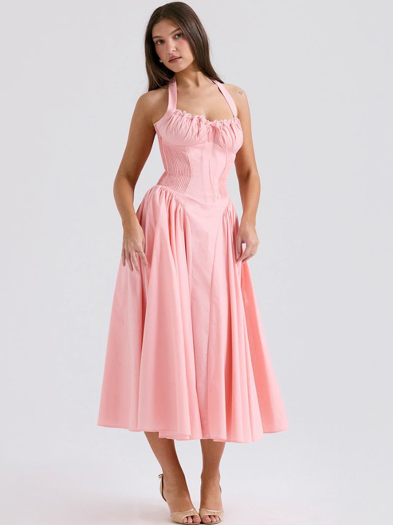 Vestido Verão Feminino Alças Ajustáveis Rendas Até Halter Sem Mangas Midi Chique - Rosa