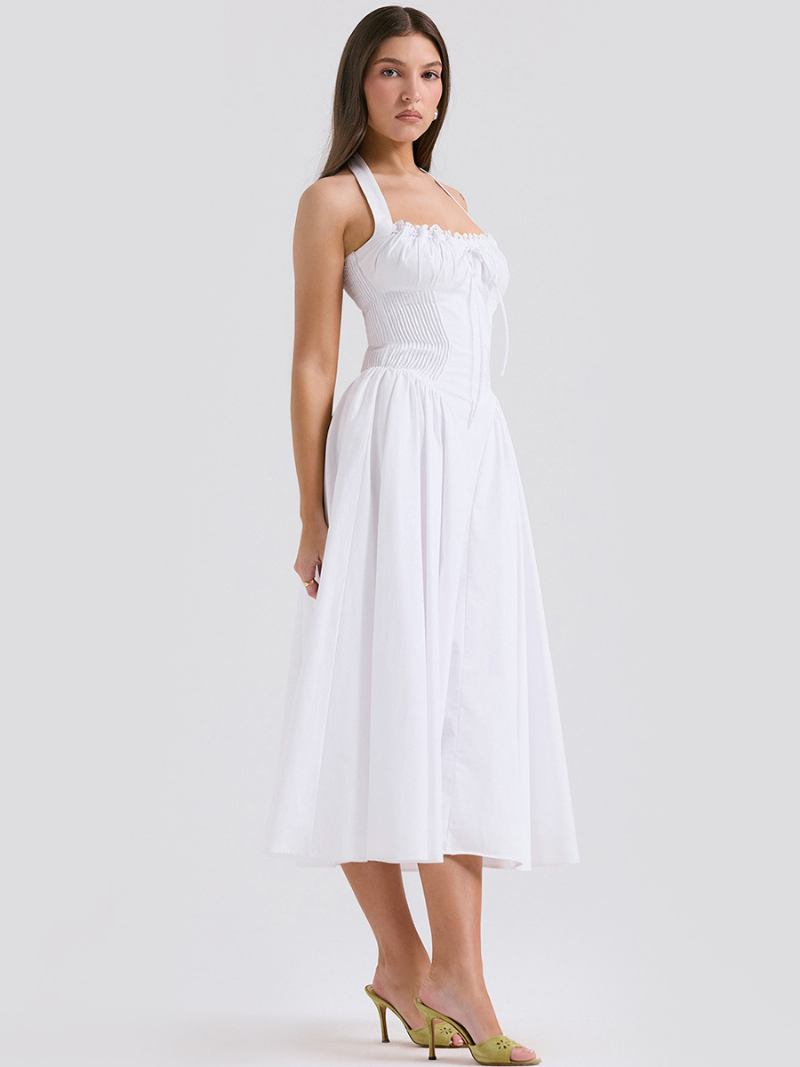 Vestido Verão Feminino Alças Ajustáveis Rendas Até Halter Sem Mangas Midi Chique - Branco