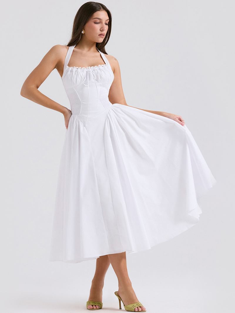 Vestido Verão Feminino Alças Ajustáveis Rendas Até Halter Sem Mangas Midi Chique - Branco