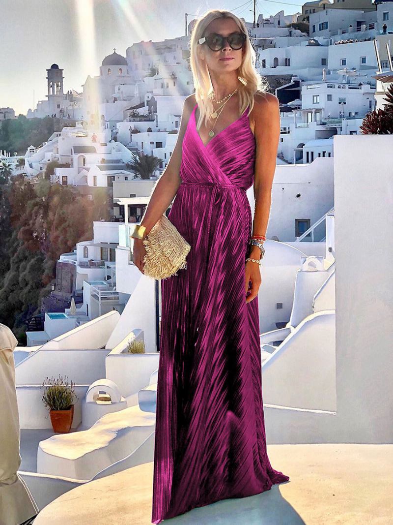 Vestido Verão Feminino Sem Mangas Com Decote Em V Cinto E Costas Nuas Vestidos Praia - Roxo