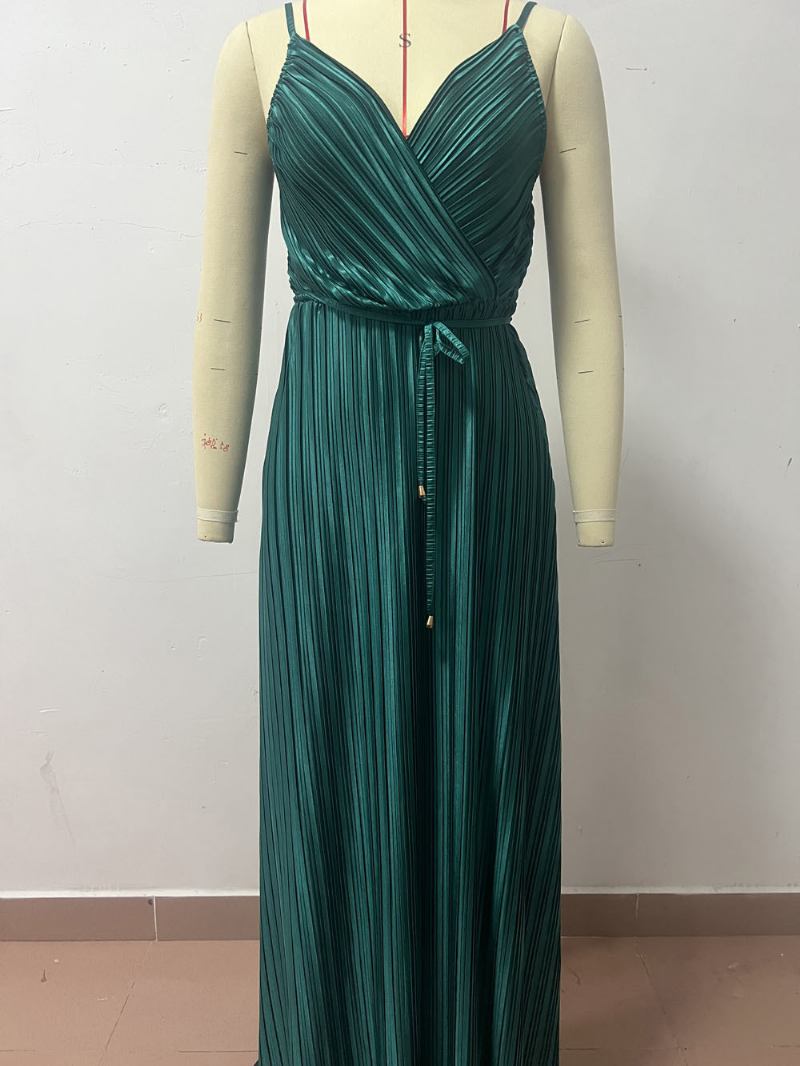 Vestido Verão Feminino Sem Mangas Com Decote Em V Cinto E Costas Nuas Vestidos Praia - Verde