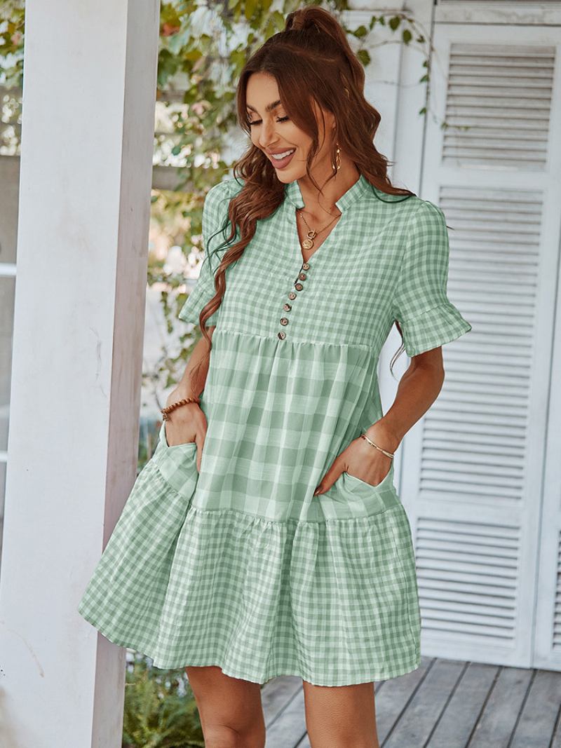 Vestido Verão Feminino Xadrez Babados Botões Mangas Curtas Vestidos Casuais - Verde