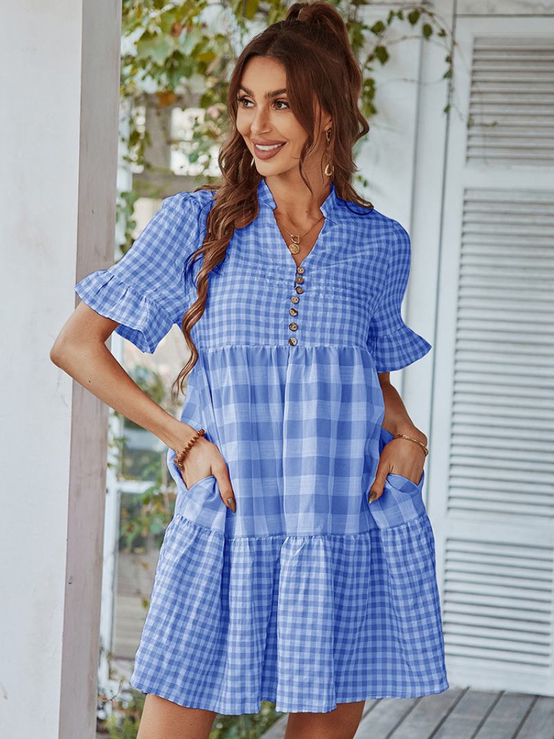 Vestido Verão Feminino Xadrez Babados Botões Mangas Curtas Vestidos Casuais - Azul