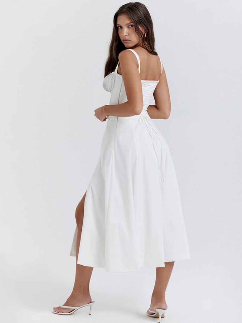 Vestido Verão Sem Mangas Com Alças No Pescoço Chique Midi Cadarço Para Mulheres - Branco