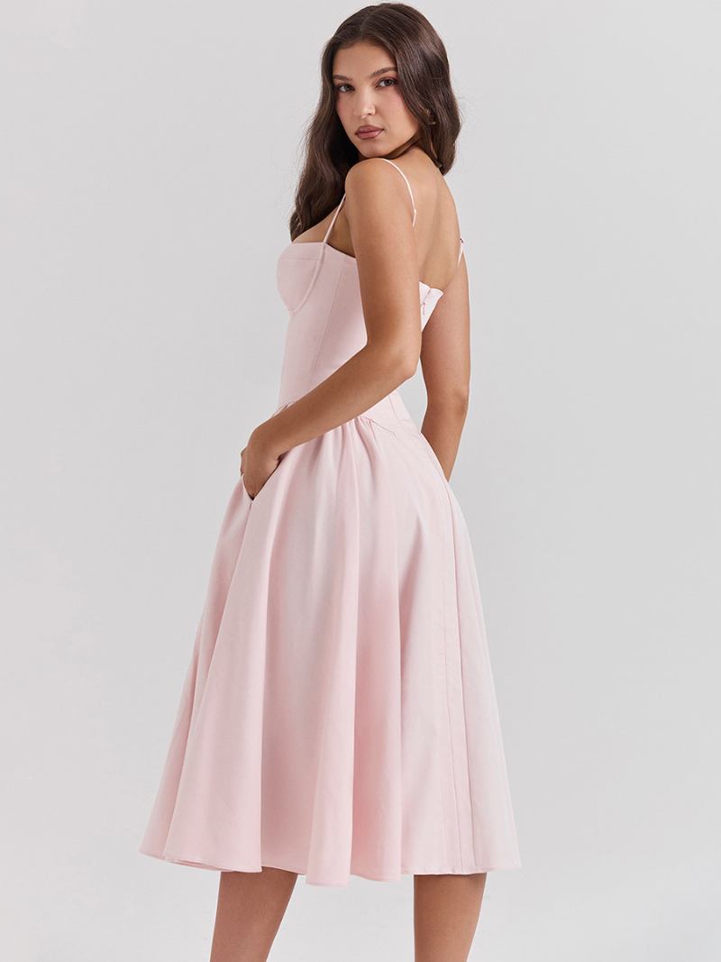 Vestidos Festa Femininos Cáqui Alças Pescoço Plissado Sem Mangas Vestido Semi Formal -  Rosa 