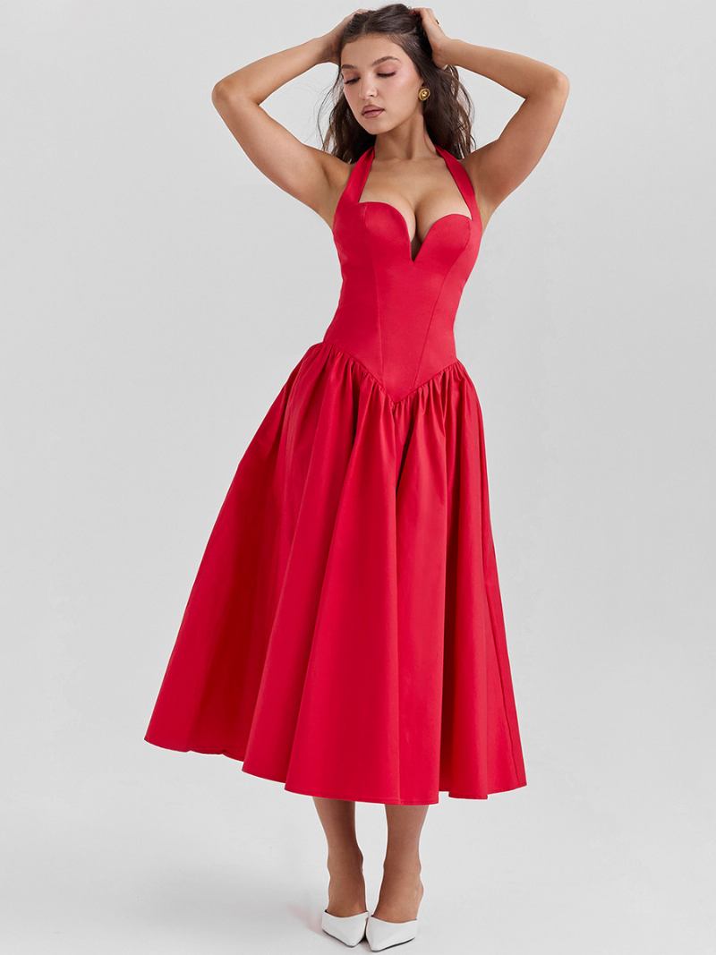 Vestidos Festa Femininos Cinza Halter Plissado Sem Mangas Vestido Semi Formal Irregular - Vermelho