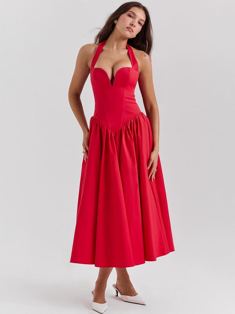 Vestidos Festa Femininos Cinza Halter Plissado Sem Mangas Vestido Semi Formal Irregular - Vermelho