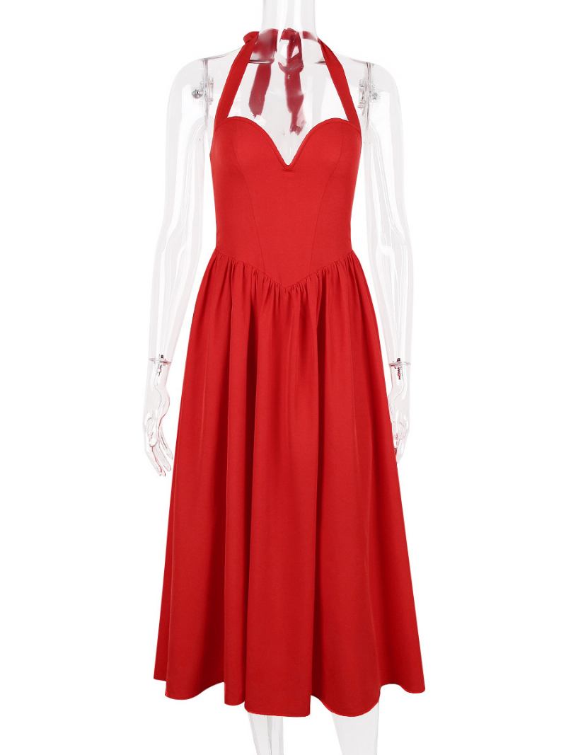 Vestidos Festa Femininos Cinza Halter Plissado Sem Mangas Vestido Semi Formal Irregular - Vermelho