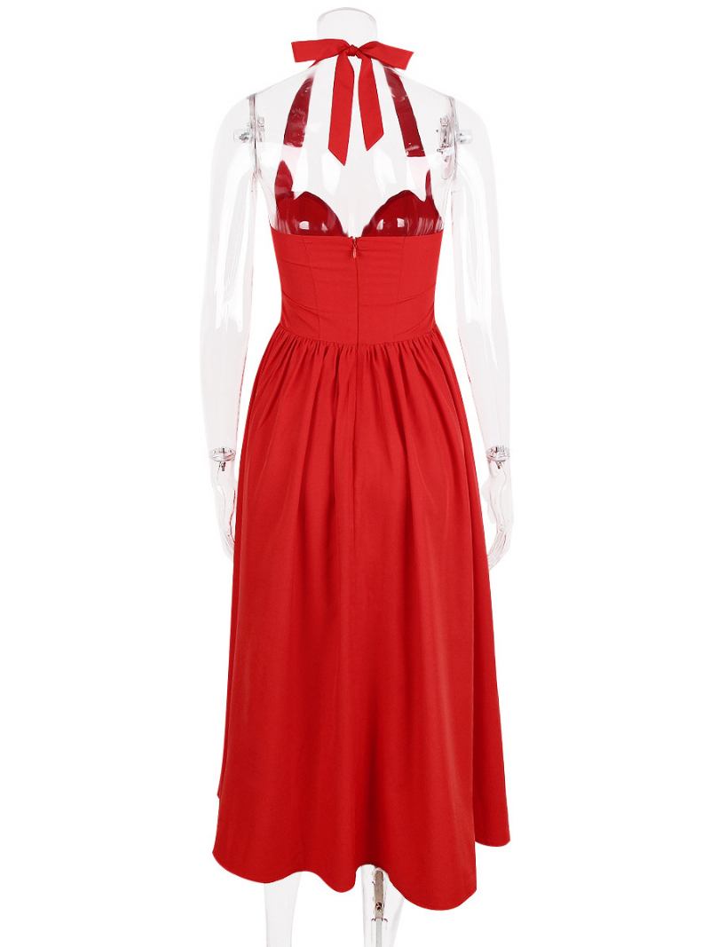 Vestidos Festa Femininos Cinza Halter Plissado Sem Mangas Vestido Semi Formal Irregular - Vermelho