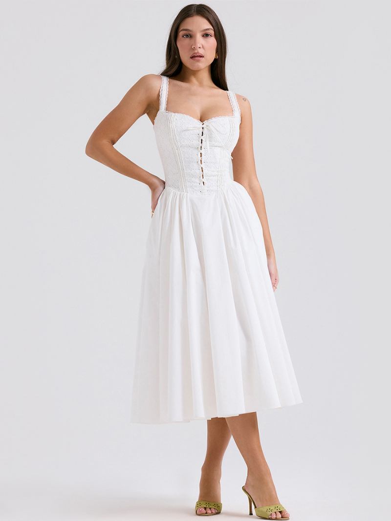 Vestidos Festa Femininos Com Alças Brancas No Pescoço Renda Sem Mangas Vestido Semi Formal - Branco