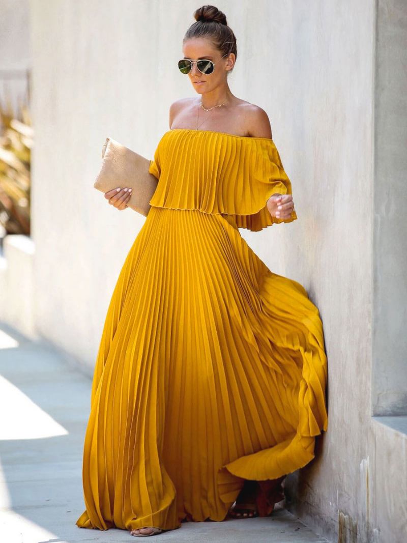 Vestidos Maxi Femininos Meia Manga Amarelo Bateau Pescoço Plissado Assimétrico Até O Chão Vestido - Amarelo