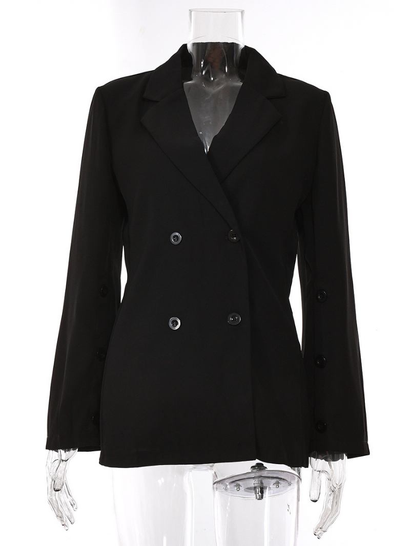 Blazer Chique Feminino Entalhado Lapela Trespassado Manga Comprida Jaquetas - Preto