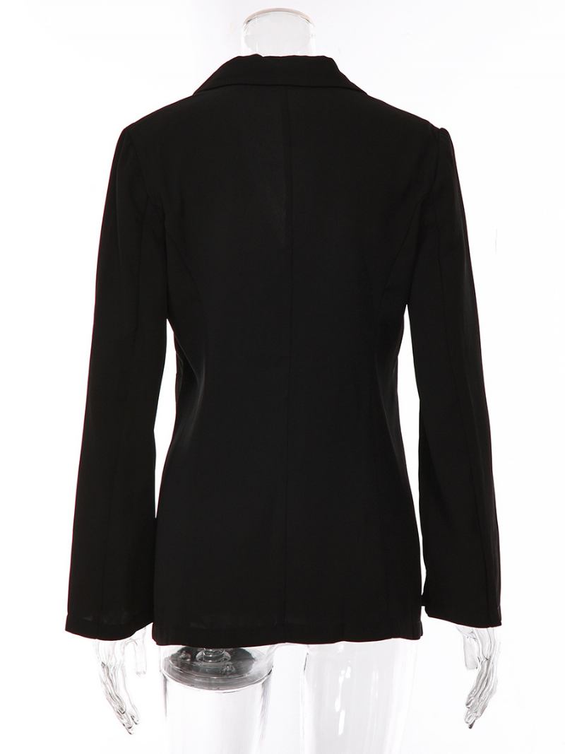 Blazer Chique Feminino Entalhado Lapela Trespassado Manga Comprida Jaquetas - Preto