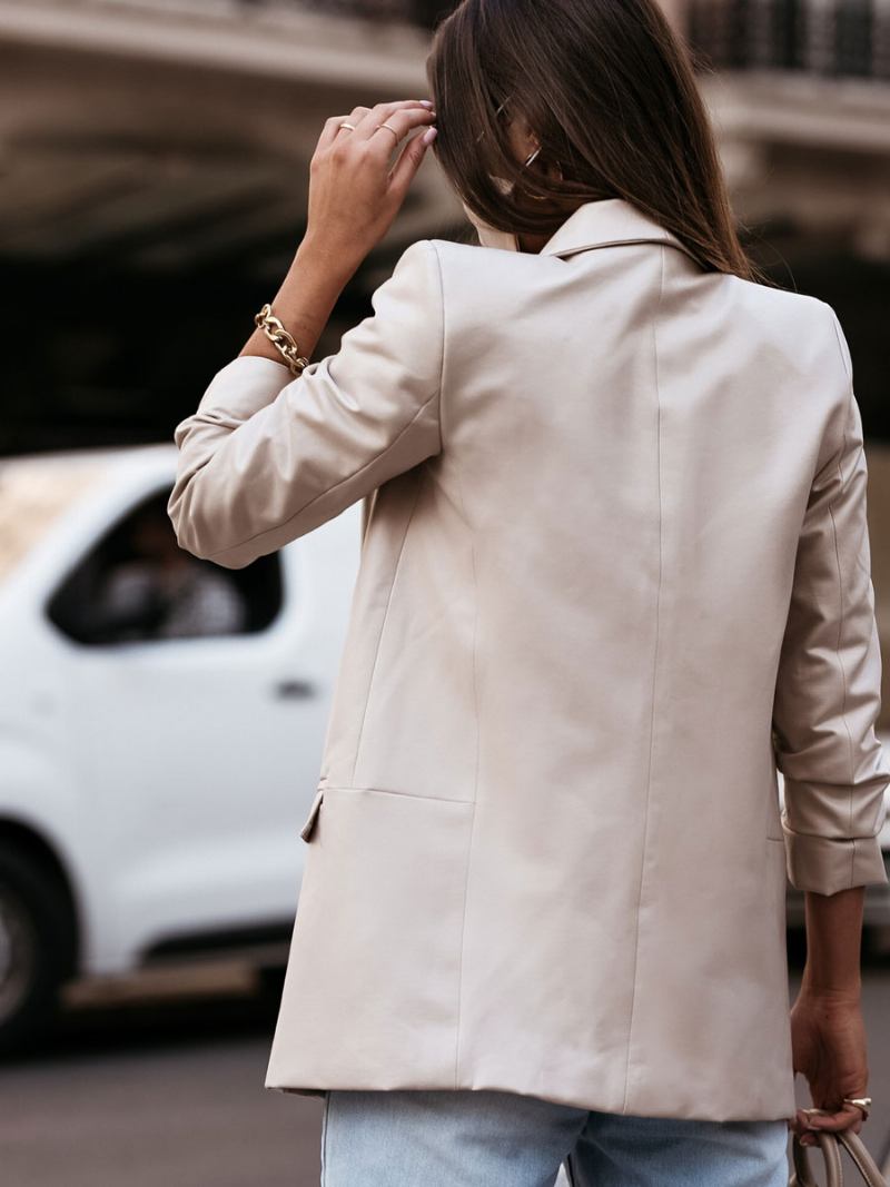 Blazer Couro Falso Jaqueta Cor Sólida Damasco Pu Casual Agasalhos Primavera Outono Para Mulheres - Amarelo Claro