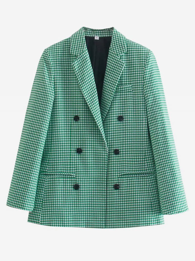 Blazer Feminino Chique Xadrez Com Gola Aberta E Botões Mangas Compridas - Verde