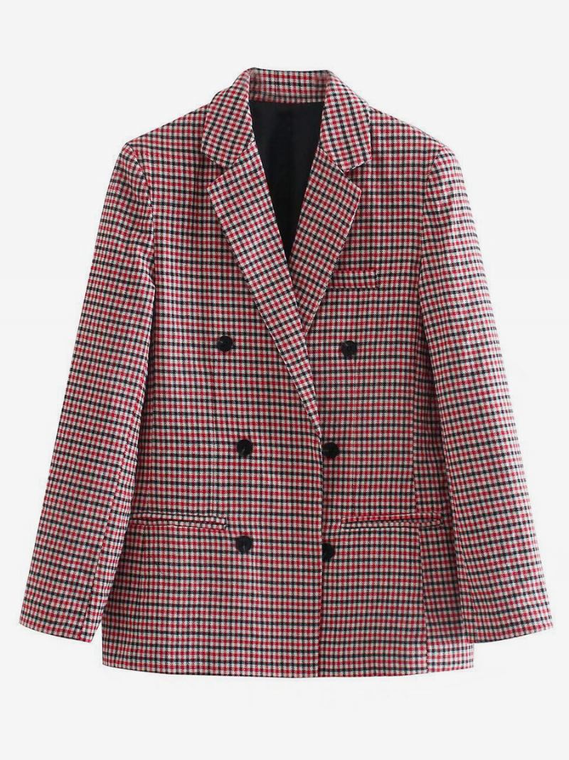 Blazer Feminino Chique Xadrez Com Gola Aberta E Botões Mangas Compridas - Rosa