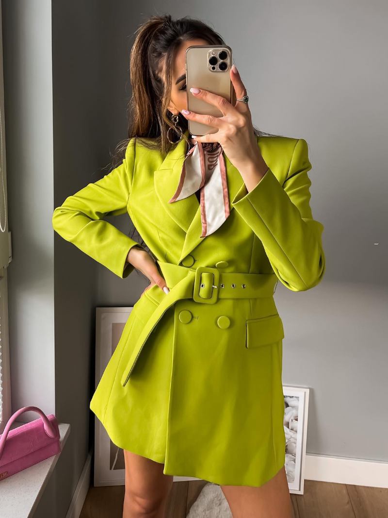 Blazer Feminino Com Lapela E Botões Manga Comprida Agasalhos Lisos - Grama Verde