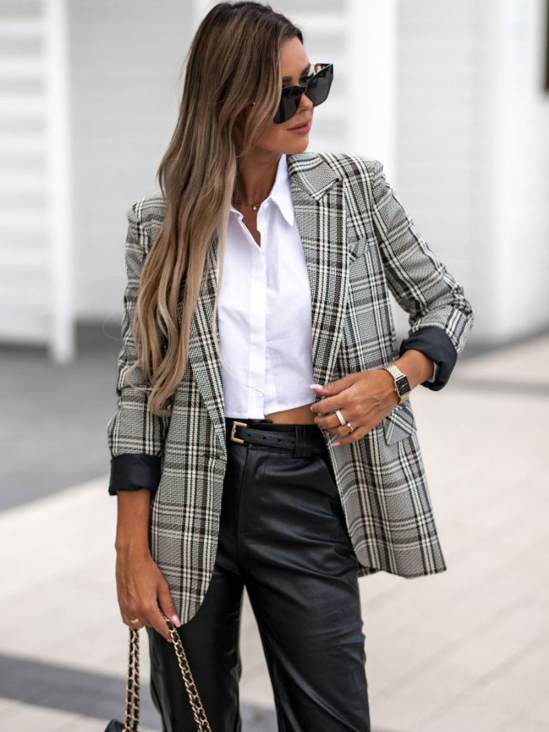 Blazer Feminino Moderno Com Gola Aberta E Bolsos Manga Comprida Roupa Xadrez - Cinza