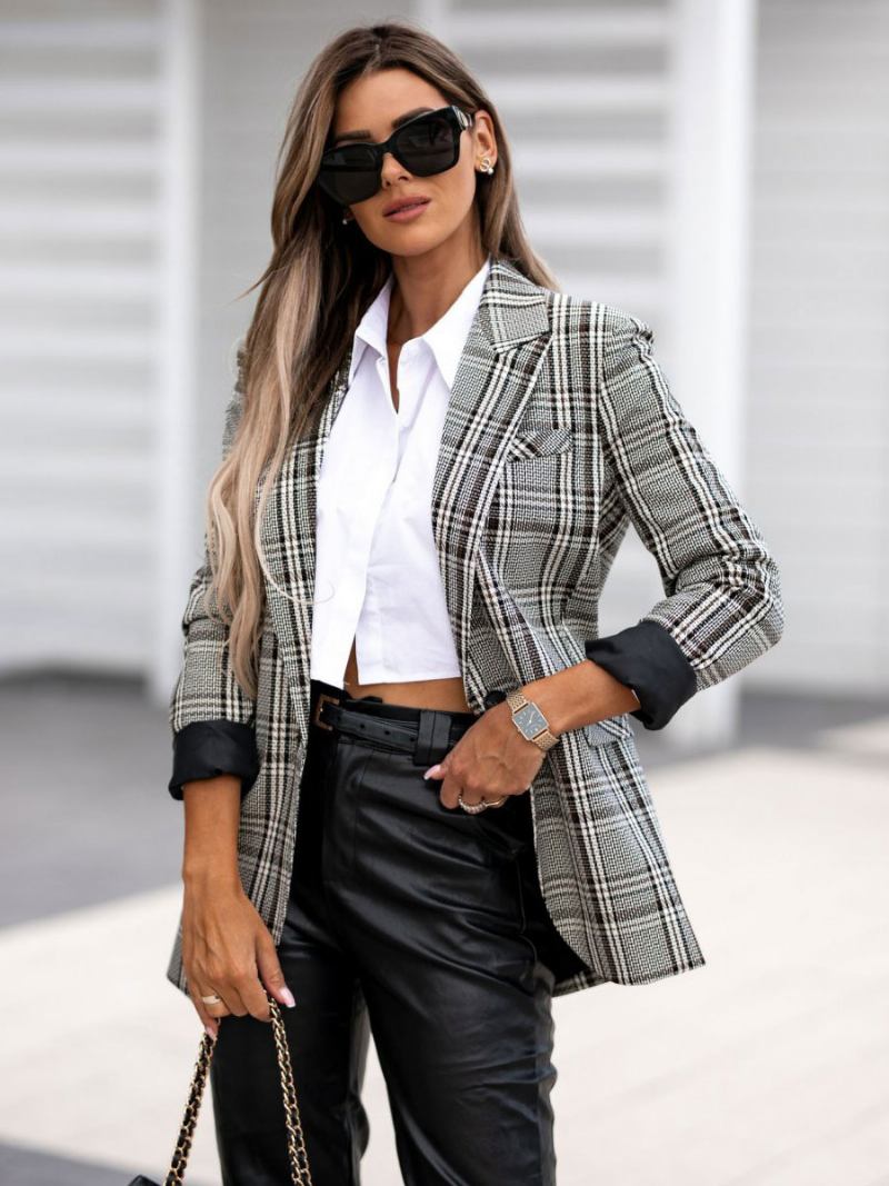 Blazer Feminino Moderno Com Gola Aberta E Bolsos Manga Comprida Roupa Xadrez - Cinza