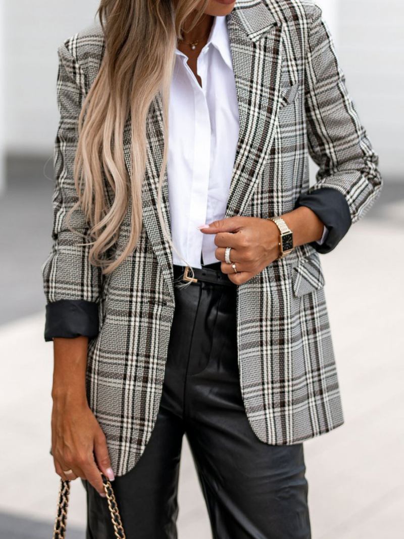 Blazer Feminino Moderno Com Gola Aberta E Bolsos Manga Comprida Roupa Xadrez - Cinza