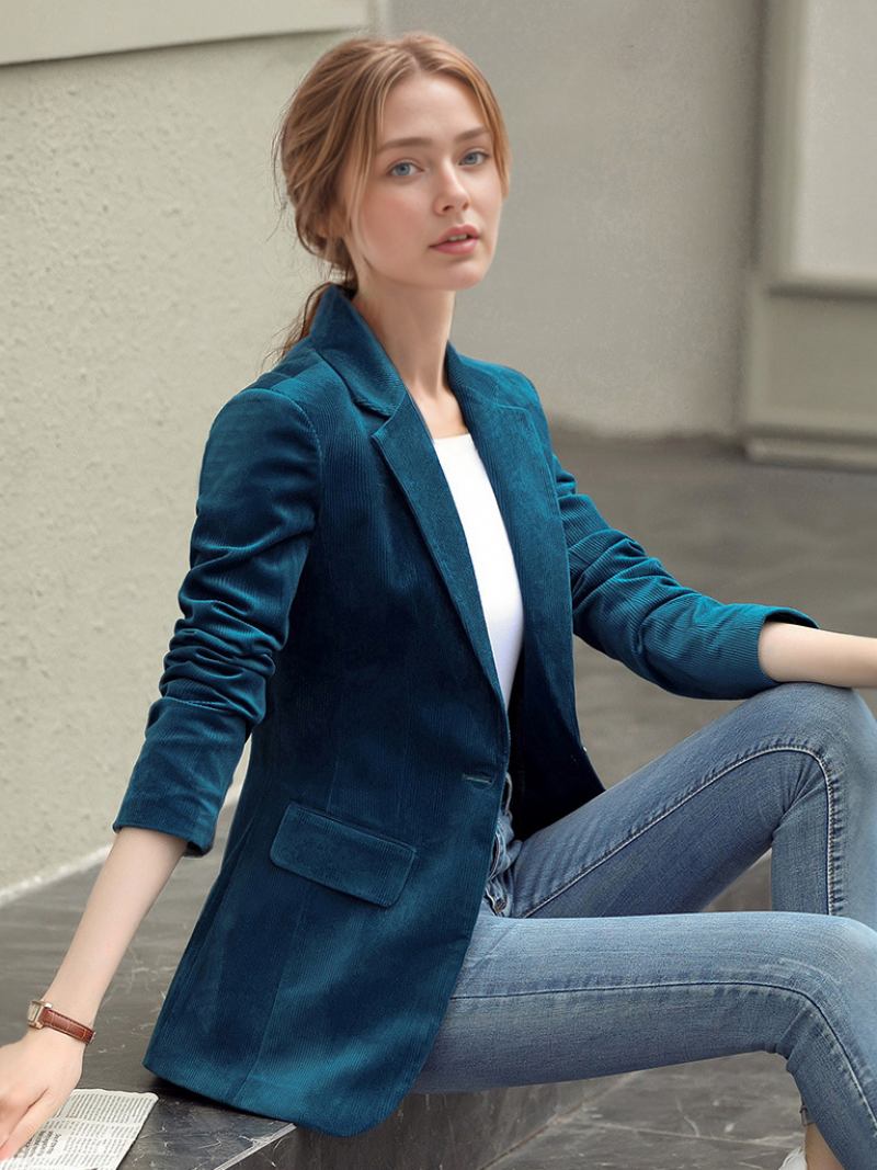 Blazer Feminino Turndown Colarinho Manga Comprida Botões Curto Casual Blazers Aconchegante Ativo Outerwear - Azul-Petróleo