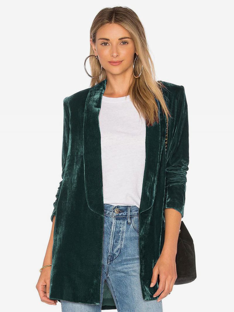 Blazer Feminino Veludo Com Mangas Compridas E Jaqueta Sob Medida Cor Sólida - Verde Escuro