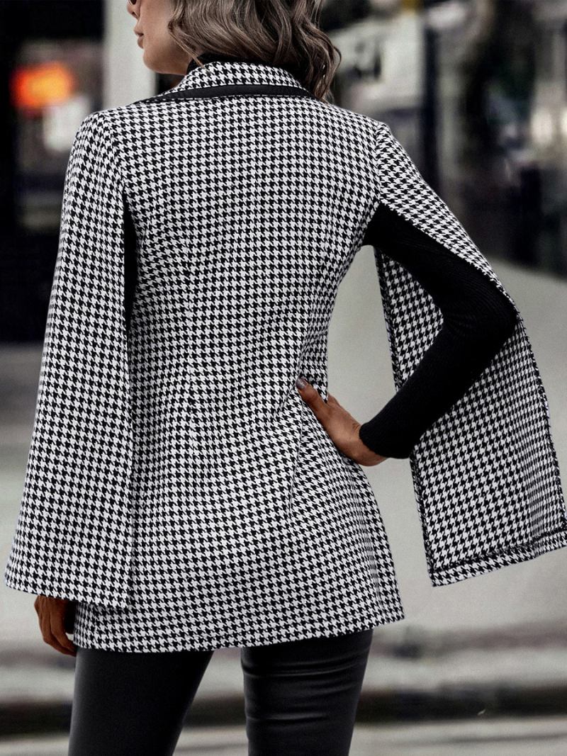 Blazer Houndstooth Feminino Com Decote Em V Faixa Mangas Compridas Jaqueta Casual Negócios - Preto