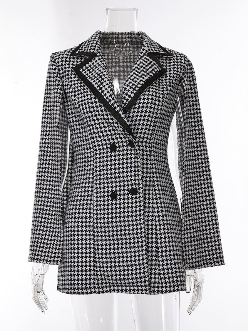 Blazer Houndstooth Feminino Com Decote Em V Faixa Mangas Compridas Jaqueta Casual Negócios - Preto