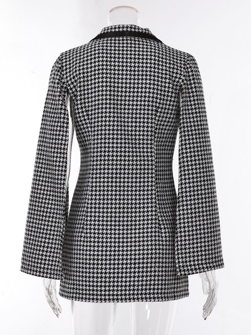 Blazer Houndstooth Feminino Com Decote Em V Faixa Mangas Compridas Jaqueta Casual Negócios - Preto