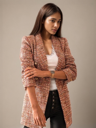 Blazer Jaqueta Café Marrom Listra Xadrez Gola Aberta Duplo Breasted Fino Ajuste Primavera Outono Rua Outerwear Para Mulher