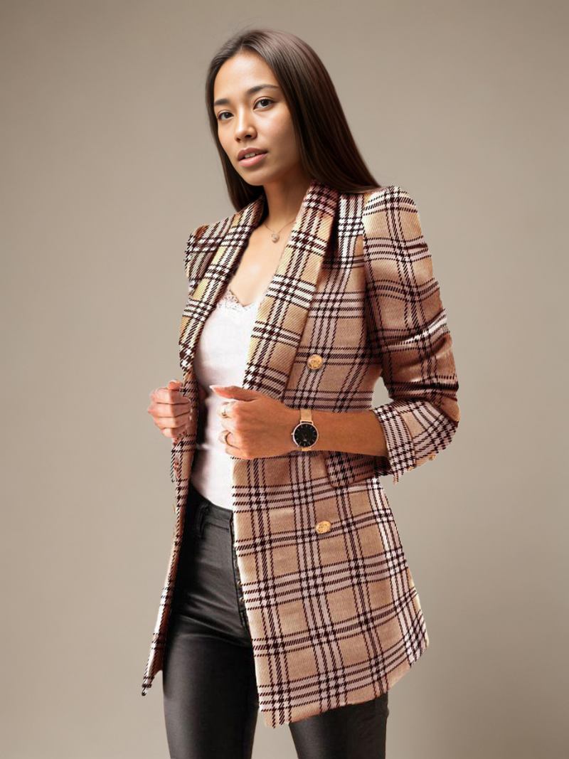 Blazer Jaqueta Café Marrom Listra Xadrez Gola Aberta Duplo Breasted Fino Ajuste Primavera Outono Rua Outerwear Para Mulher - Amarelo Claro Claro