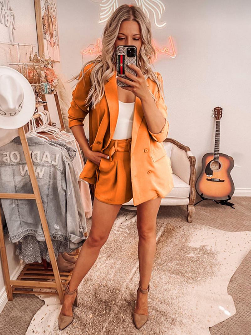 Conjunto Duas Peças Sage Cor Sólida Clássico Blazer Jaqueta Cinto Calças Curtas Gola Aberta Primavera Outono Roupa Para Mulher - Laranja