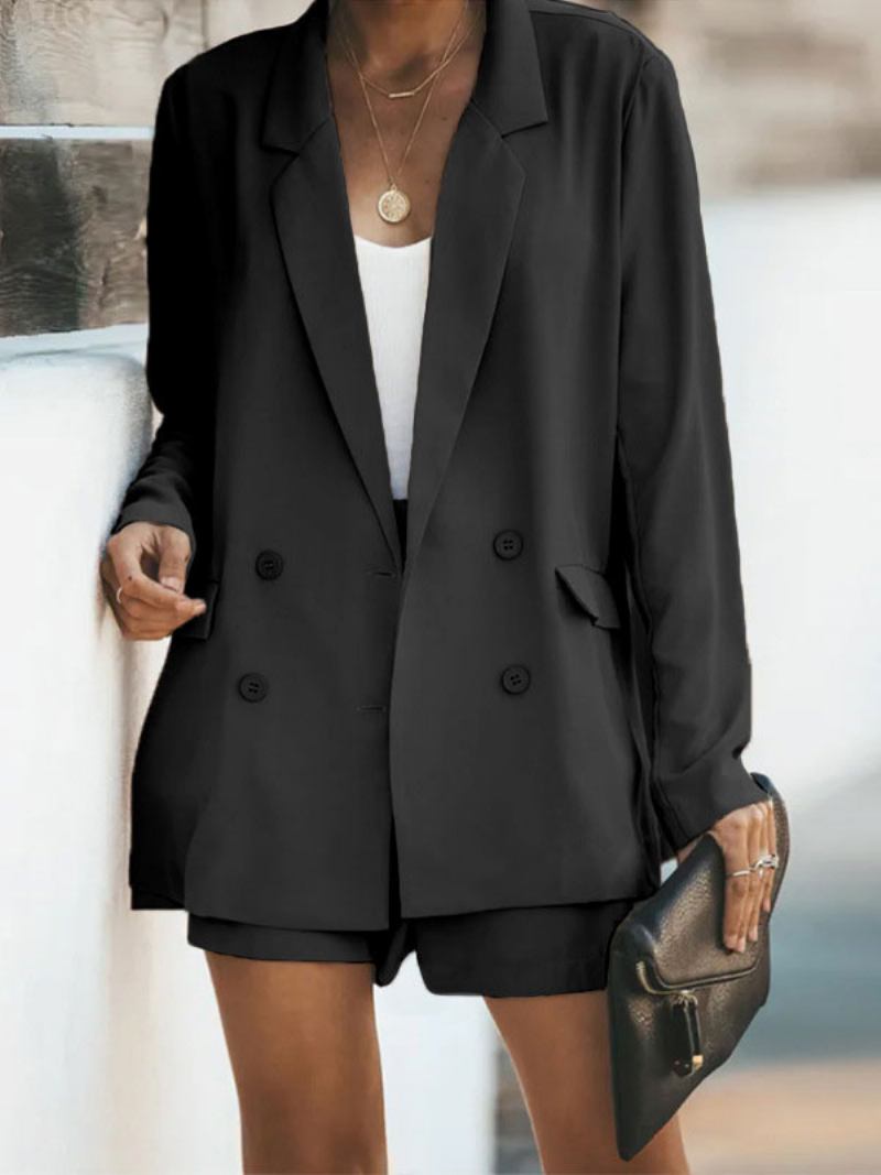 Conjunto Duas Peças Sage Cor Sólida Clássico Blazer Jaqueta Cinto Calças Curtas Gola Aberta Primavera Outono Roupa Para Mulher - Preto