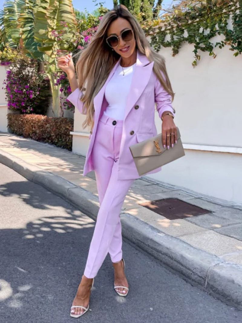 Duas Peças Ternos Lavanda Cor Sólida Outerwear Define Clássico Blazer Jaqueta Magro Ajuste Calças Primavera Outono Roupa Para Mulher