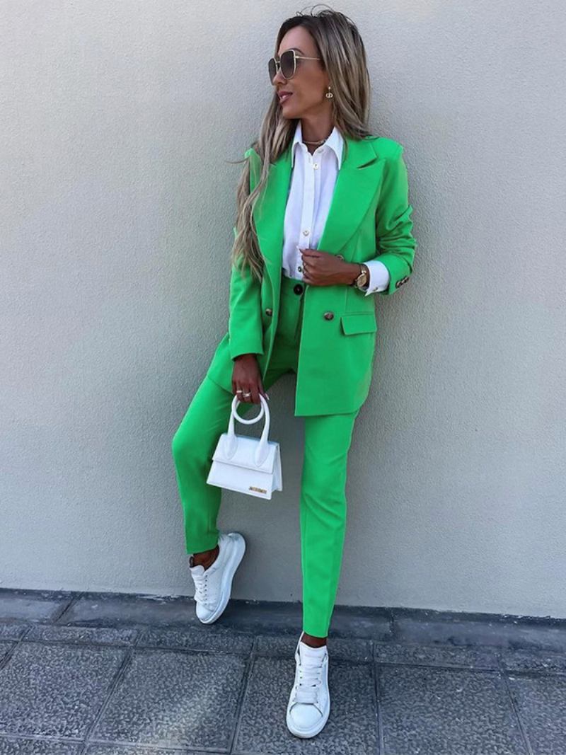 Duas Peças Ternos Lavanda Cor Sólida Outerwear Define Clássico Blazer Jaqueta Magro Ajuste Calças Primavera Outono Roupa Para Mulher - Verde Grama