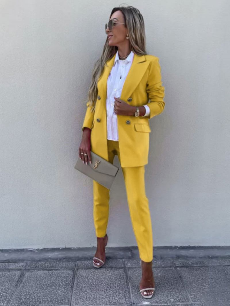 Duas Peças Ternos Lavanda Cor Sólida Outerwear Define Clássico Blazer Jaqueta Magro Ajuste Calças Primavera Outono Roupa Para Mulher - Amarelo