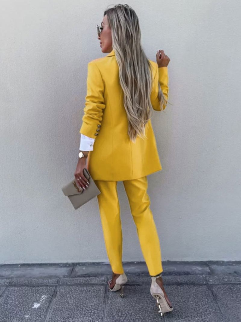 Duas Peças Ternos Lavanda Cor Sólida Outerwear Define Clássico Blazer Jaqueta Magro Ajuste Calças Primavera Outono Roupa Para Mulher - Amarelo