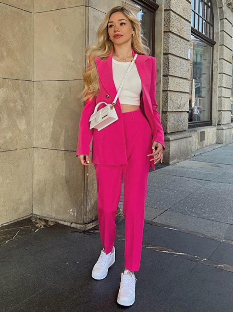 Duas Peças Ternos Lavanda Cor Sólida Outerwear Define Clássico Blazer Jaqueta Magro Ajuste Calças Primavera Outono Roupa Para Mulher - Rosa