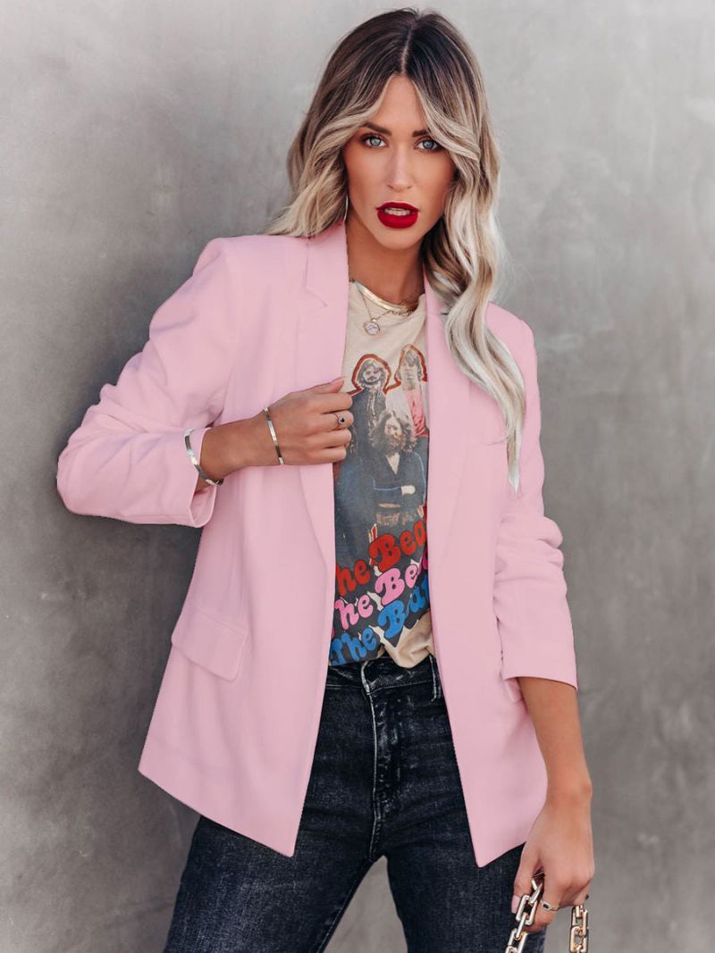 Jaqueta Blazer Branca Para Mulheres Cor Sólida Lapela Chique Primavera Outono Roupa Rua Descontraída - Rosa Claro