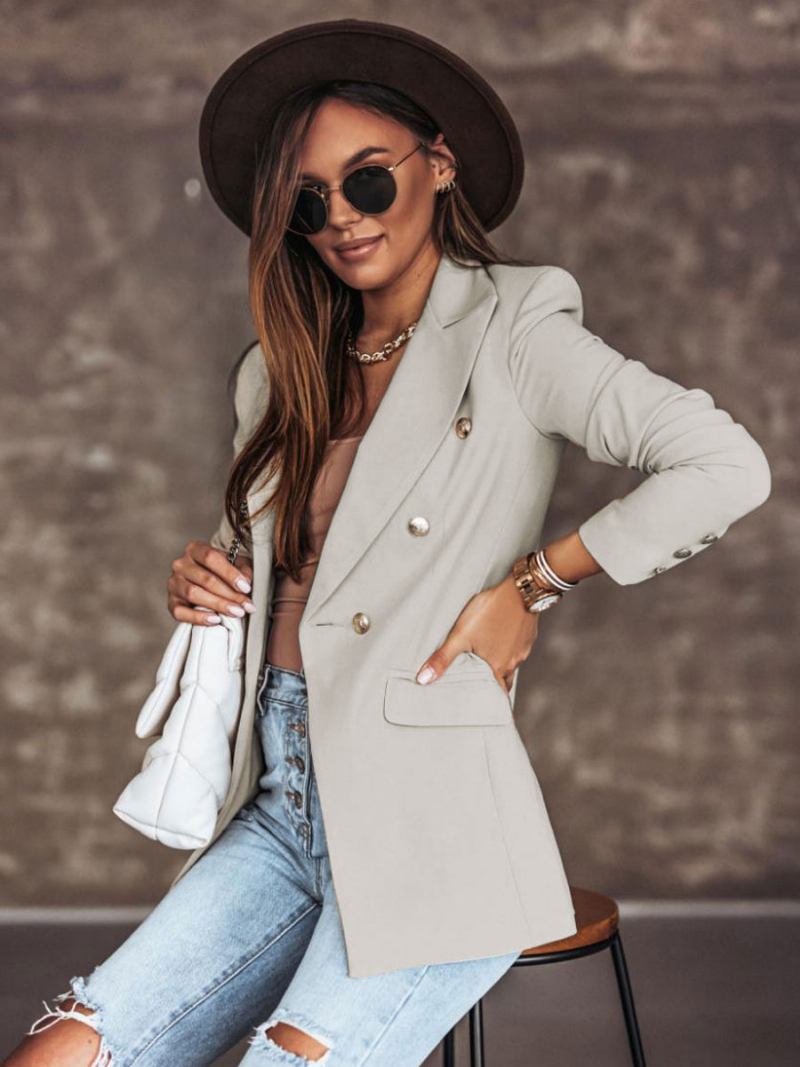 Jaqueta Blazer Branco Cor Sólida Gola Aberta Duplo Breasted Fino Ajuste Primavera Outono Chique Rua Outerwear Para Mulher