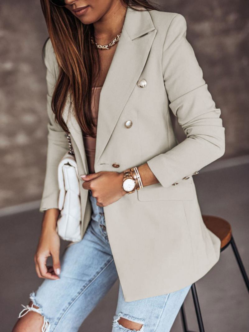 Jaqueta Blazer Branco Cor Sólida Gola Aberta Duplo Breasted Fino Ajuste Primavera Outono Chique Rua Outerwear Para Mulher -  Cinza Claro 