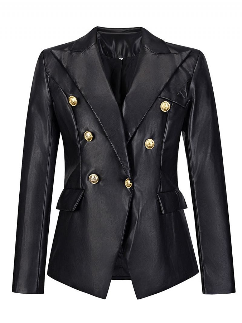 Jaqueta Blazer Couro Falso Metálico Ouro Manga Longa Gola Aberta Lapela Dupla Breasted Fino Ajuste Moderno Primavera Outono Outerwear Para Mulher - Preto