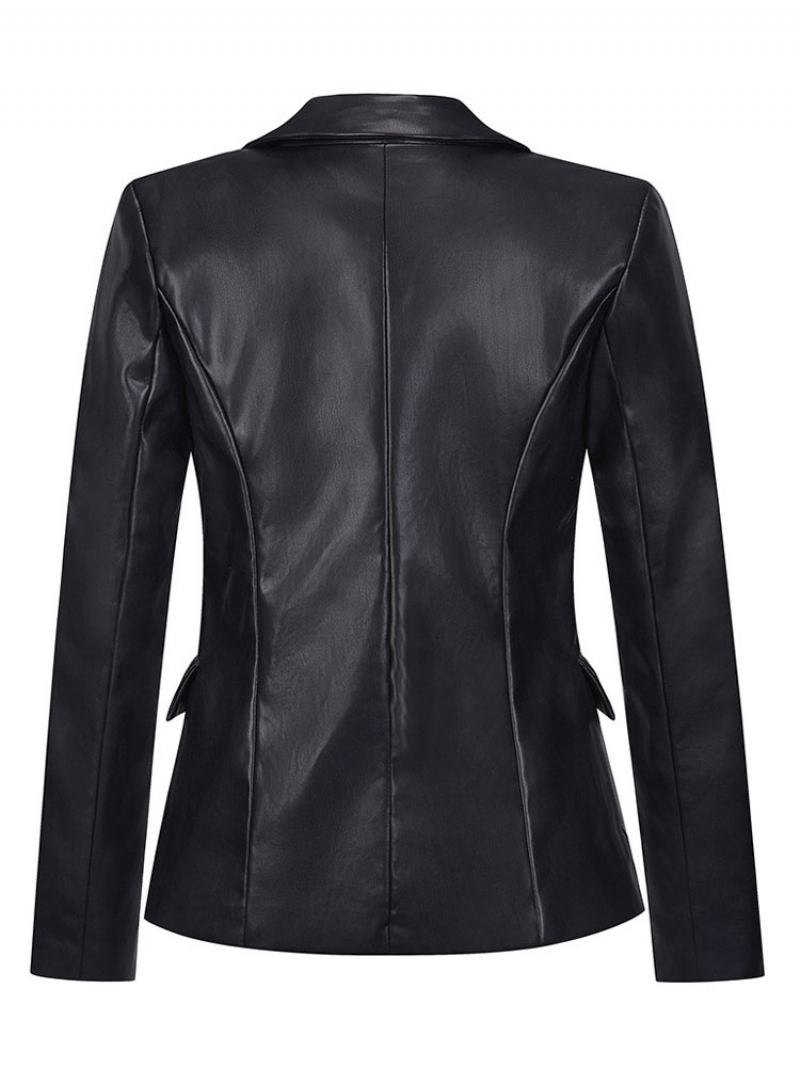 Jaqueta Blazer Couro Falso Metálico Ouro Manga Longa Gola Aberta Lapela Dupla Breasted Fino Ajuste Moderno Primavera Outono Outerwear Para Mulher - Preto