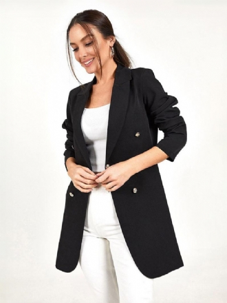 Jaqueta Blazer Longa Para Mulheres Preto Cor Sólida Casual Duplo Breasted Primavera Outono Outerwear Relaxado