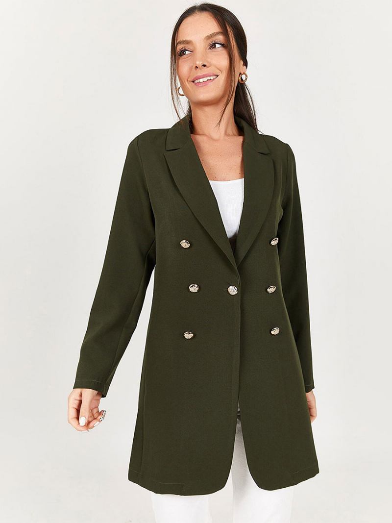 Jaqueta Blazer Longa Para Mulheres Preto Cor Sólida Casual Duplo Breasted Primavera Outono Outerwear Relaxado - Verde Caçador