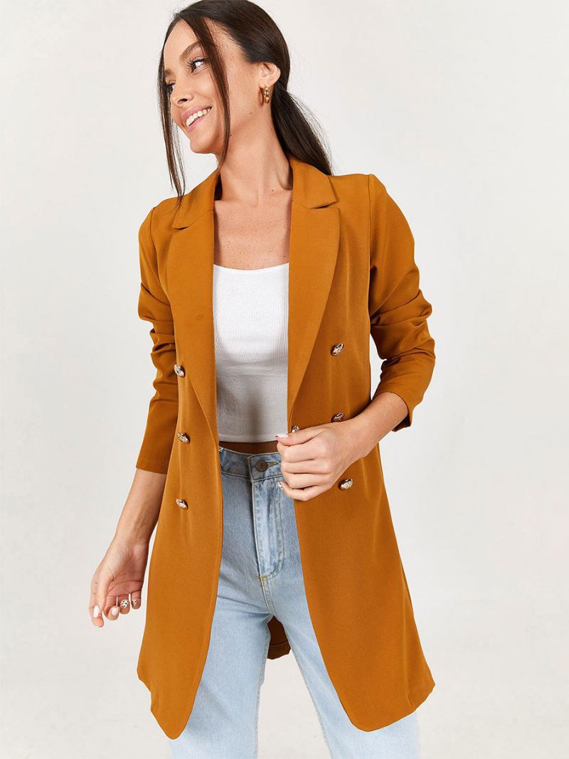 Jaqueta Blazer Longa Para Mulheres Preto Cor Sólida Casual Duplo Breasted Primavera Outono Outerwear Relaxado - Amarelo